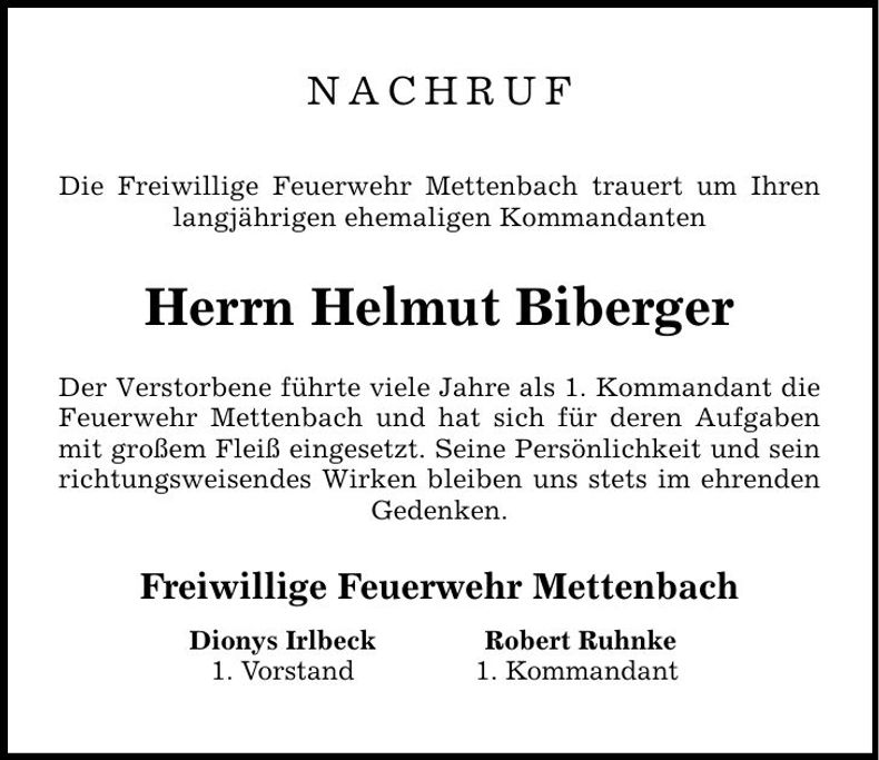 Traueranzeige Helmut Biberger