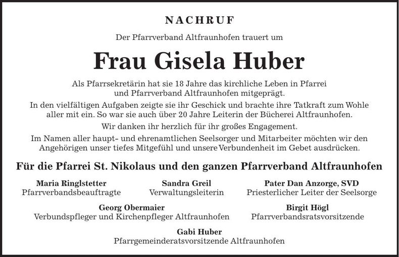 Traueranzeige Gisela Huber