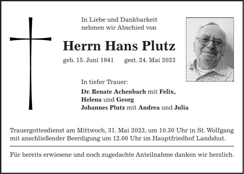 Traueranzeige Hans Plutz