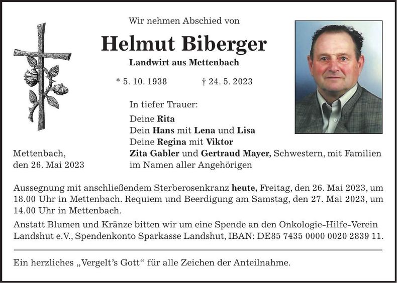 Traueranzeige Helmut Biberger