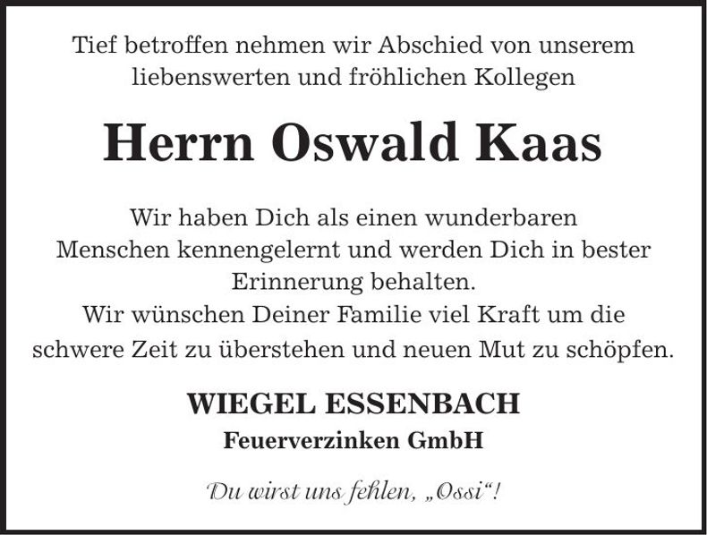 Traueranzeige Kaas Oswald