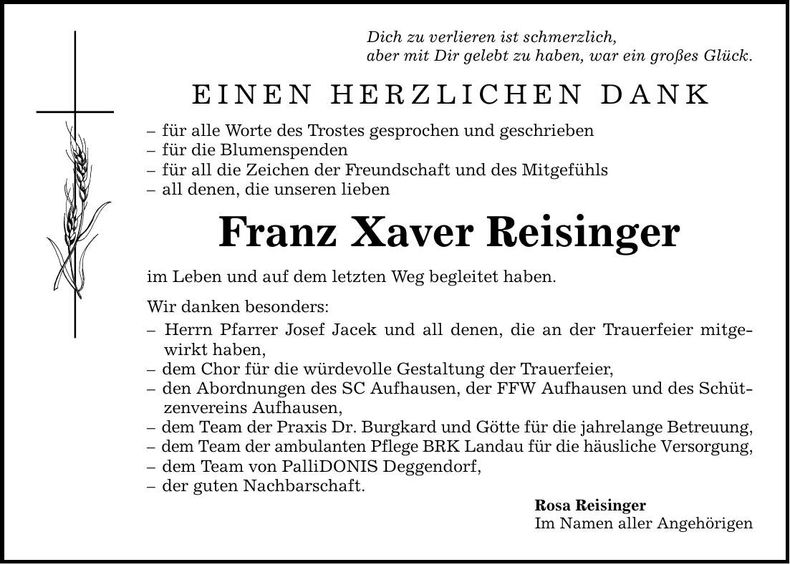 Traueranzeige Reisinger Franz Xaver