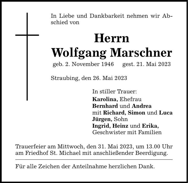 Traueranzeige Wolfgang Marschner
