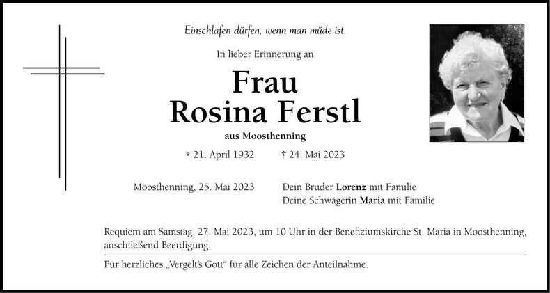 Traueranzeige Rosina Ferstl
