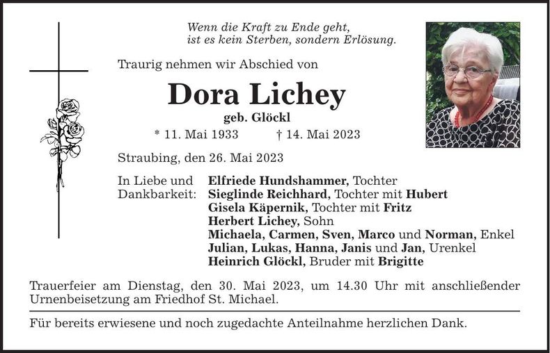 Traueranzeige Dora Lichey