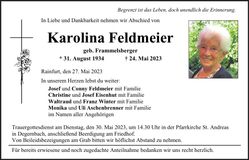 Traueranzeige Karolina Feldmeier