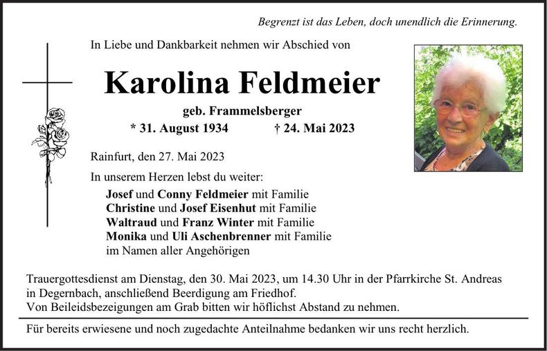 Traueranzeige Karolina Feldmeier