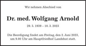 Traueranzeige Wolfgang Dr. med. Arrnold