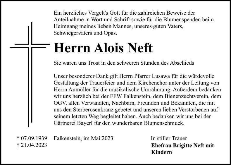 Traueranzeige Alois Neft