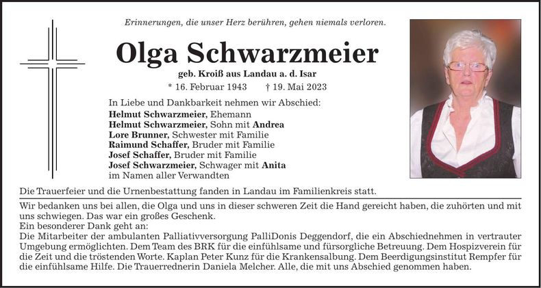 Traueranzeige Olga Schwarzmeier