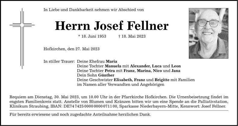 Traueranzeige Josef Fellner