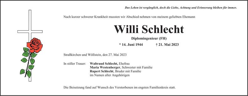Traueranzeige Willi Schlecht
