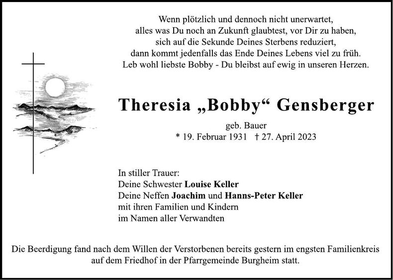 Traueranzeige theresia Gensberger