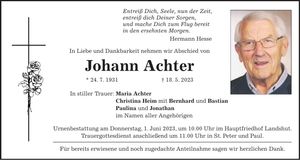 Traueranzeige Johann Achter