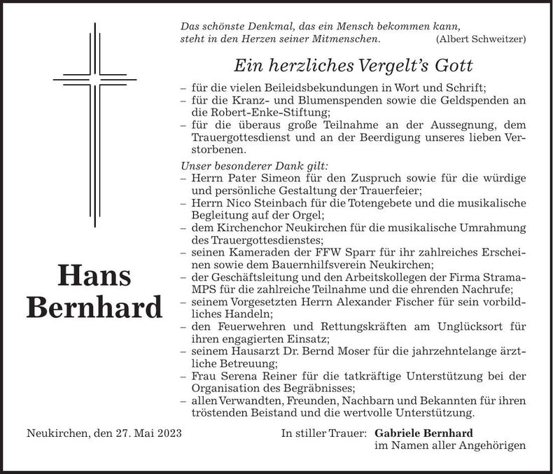 Traueranzeige Hans Bernhard