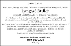 Traueranzeige Irmgard Stiller