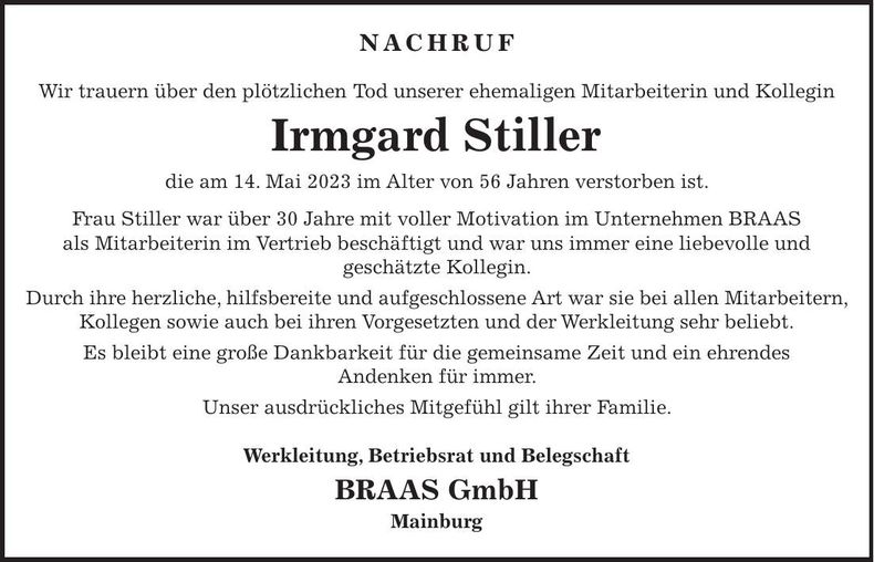Traueranzeige Irmgard Stiller