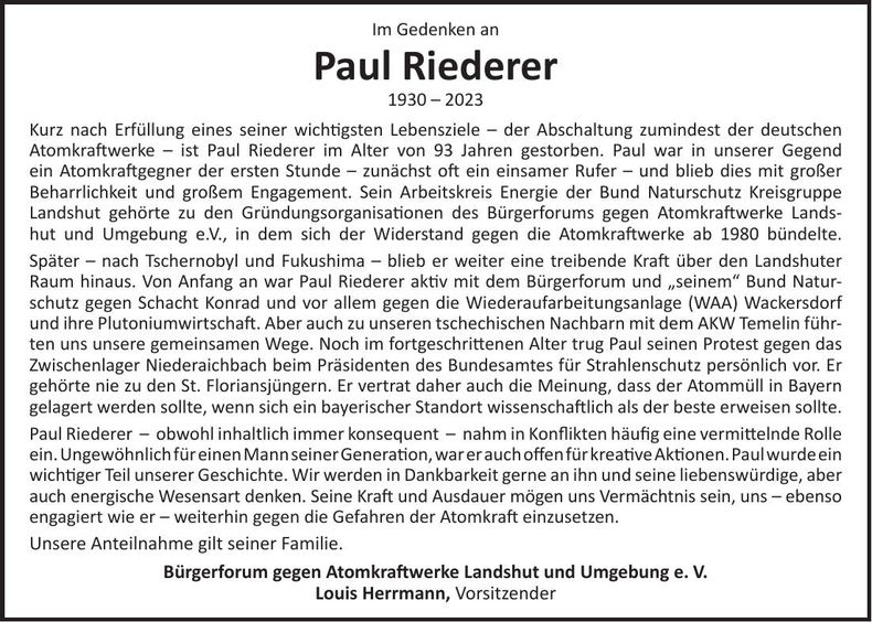 Traueranzeige Paul Riederer
