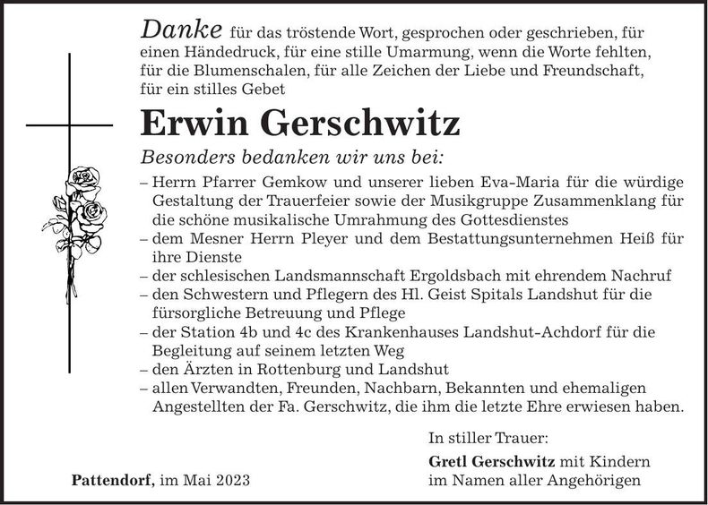 Traueranzeige Erwin Gerschwitz