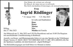 Traueranzeige Ingrid Rödlinger