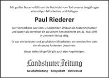 Traueranzeige Paul Riederer
