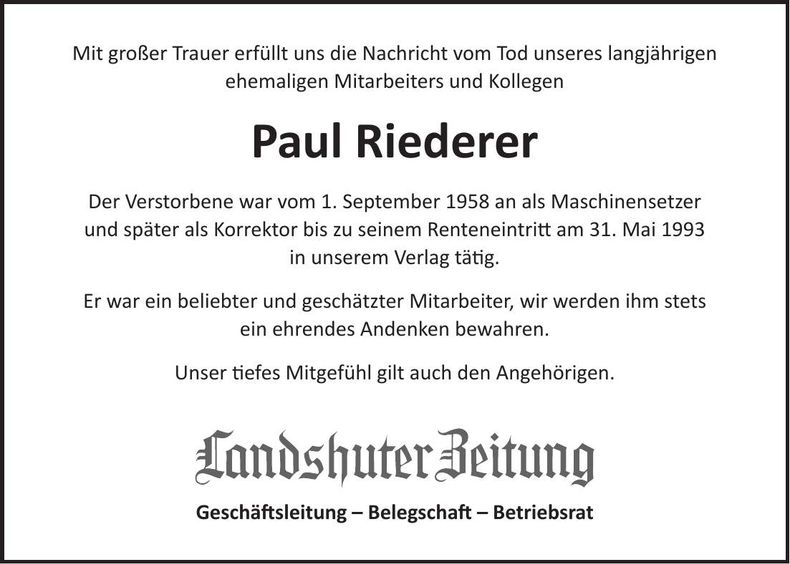 Traueranzeige Paul Riederer
