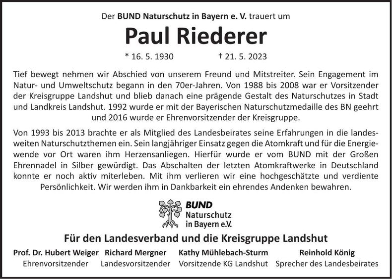 Traueranzeige Paul Riederer