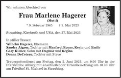 Traueranzeige Marlene Hagerer