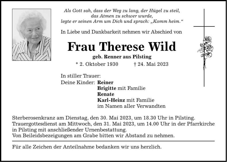 Traueranzeige Therese Wild
