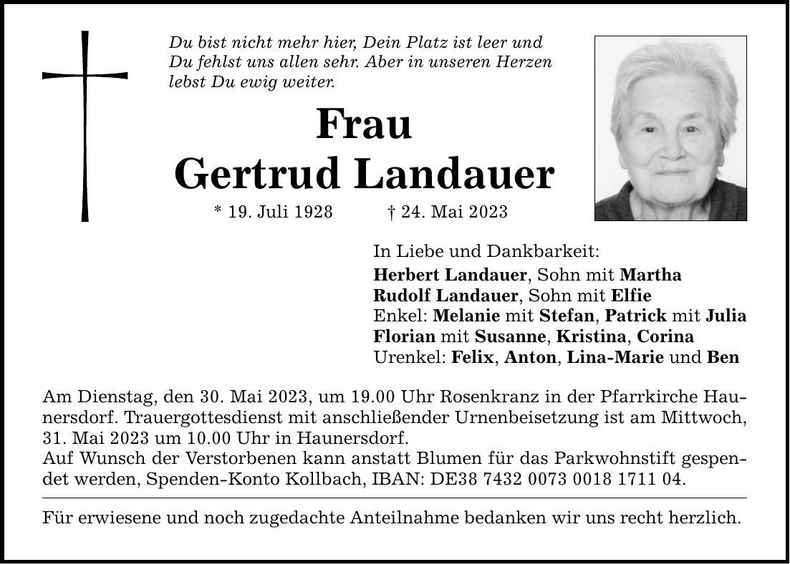 Traueranzeige Gertrud Landauer