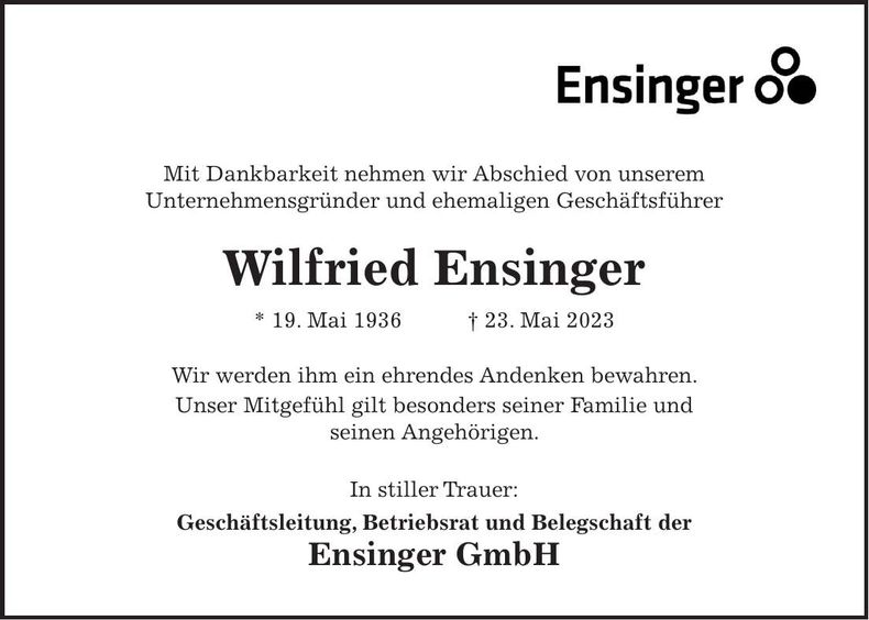 Traueranzeige Wilfried Ensinger