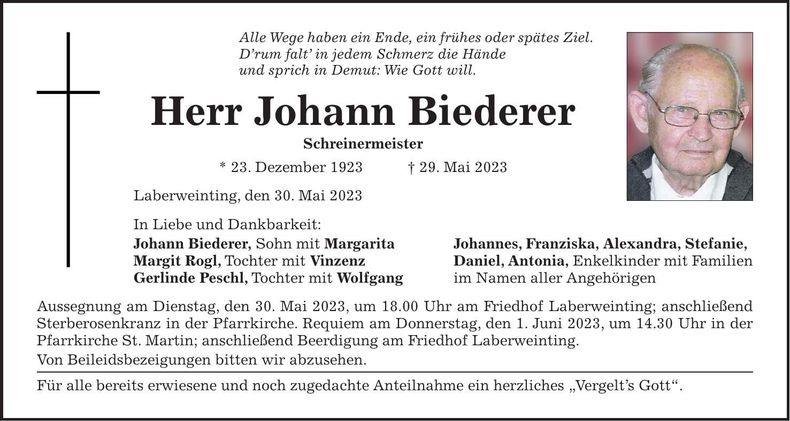 Traueranzeige Johann Biederer