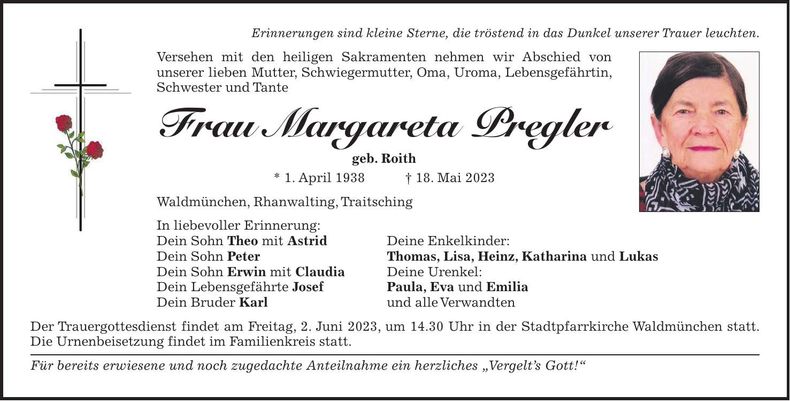 Traueranzeige Margareta Pregler