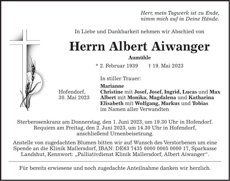 Traueranzeige Albert Aiwanger