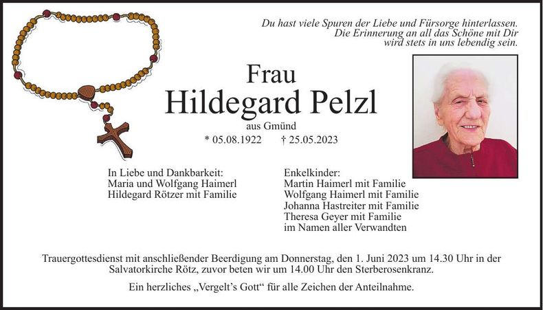 Traueranzeige Hildegard Pelzl