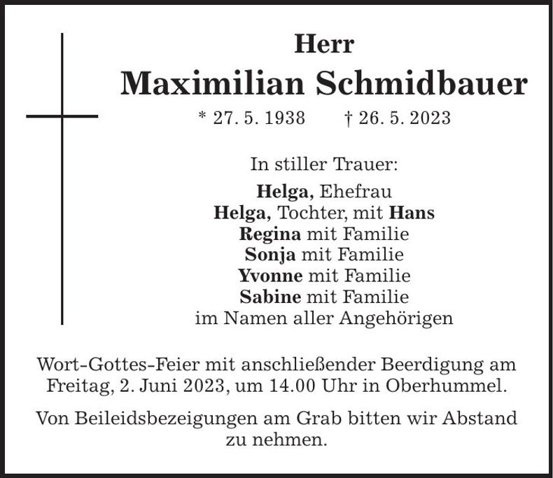 Traueranzeige Maximilian Schmidbauer