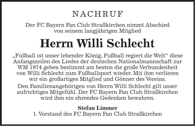 Traueranzeige Willi Schlecht