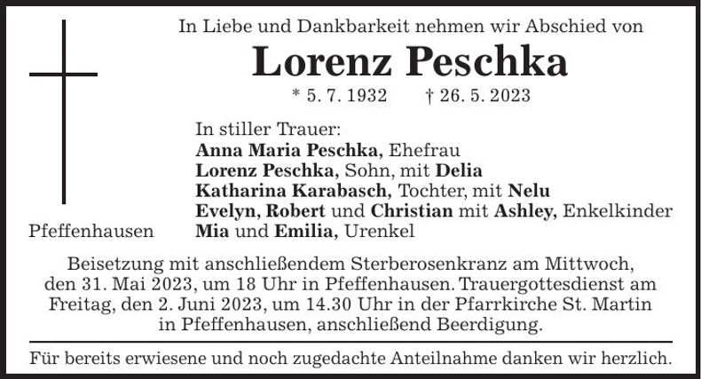 Traueranzeige Lorenz Peschka