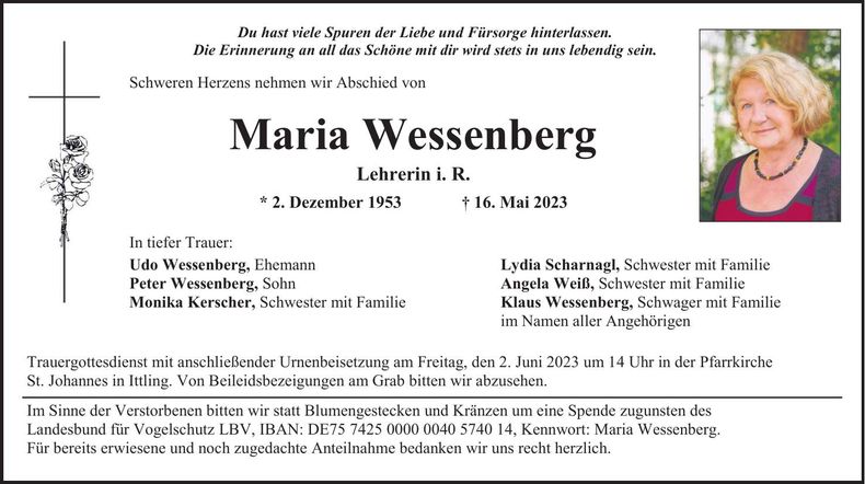 Traueranzeige Maria Wessenberg