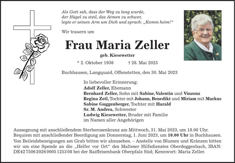 Traueranzeige Maria Zeller