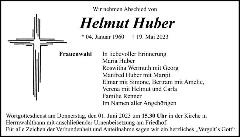 Traueranzeige Helmut Huber