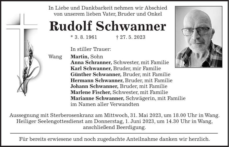 Traueranzeige Rudolf Schwanner