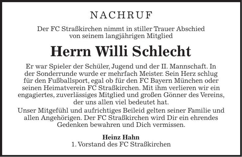 Traueranzeige Willi Schlecht