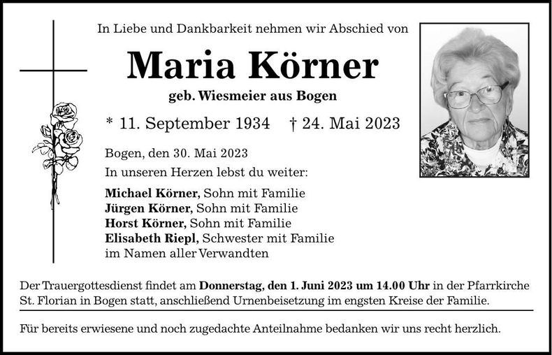 Traueranzeige Maria Körner