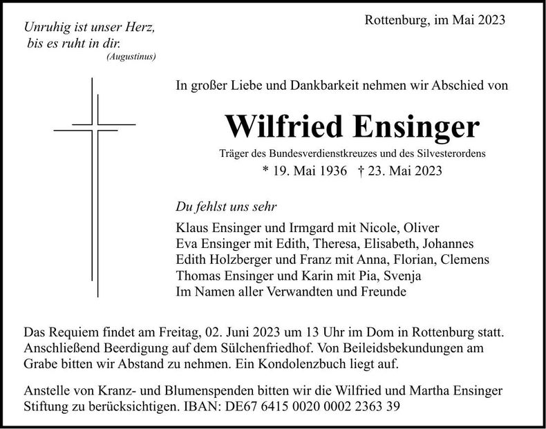 Traueranzeige Wilfried Ensinger