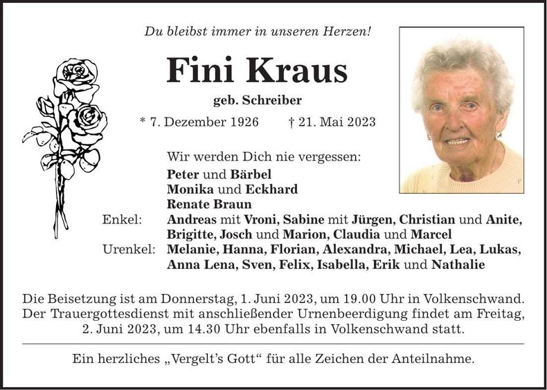 Traueranzeige Fine Kraus