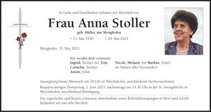 Traueranzeige Anna Stoller