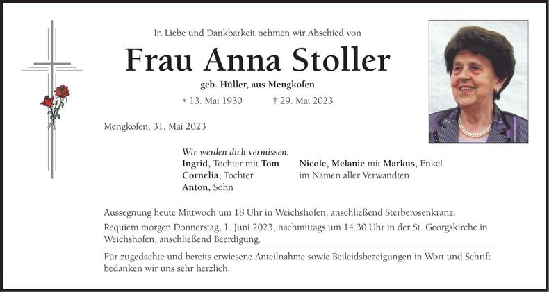 Traueranzeige Anna Stoller