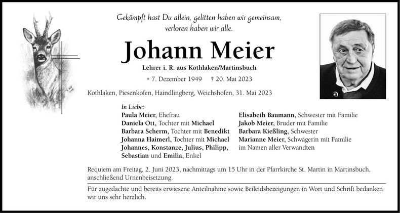 Traueranzeige Johann Meier