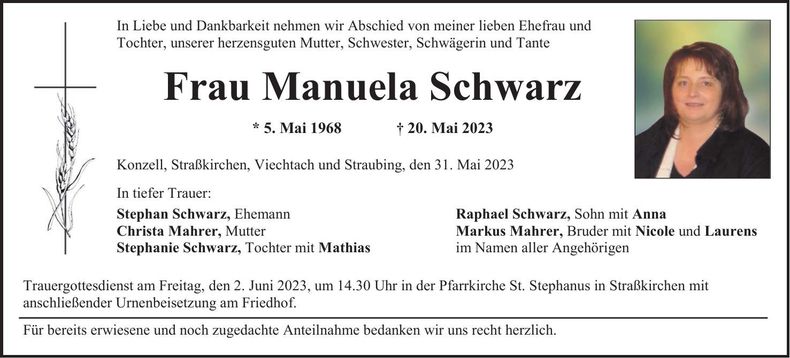Traueranzeige Manuela Schwarz